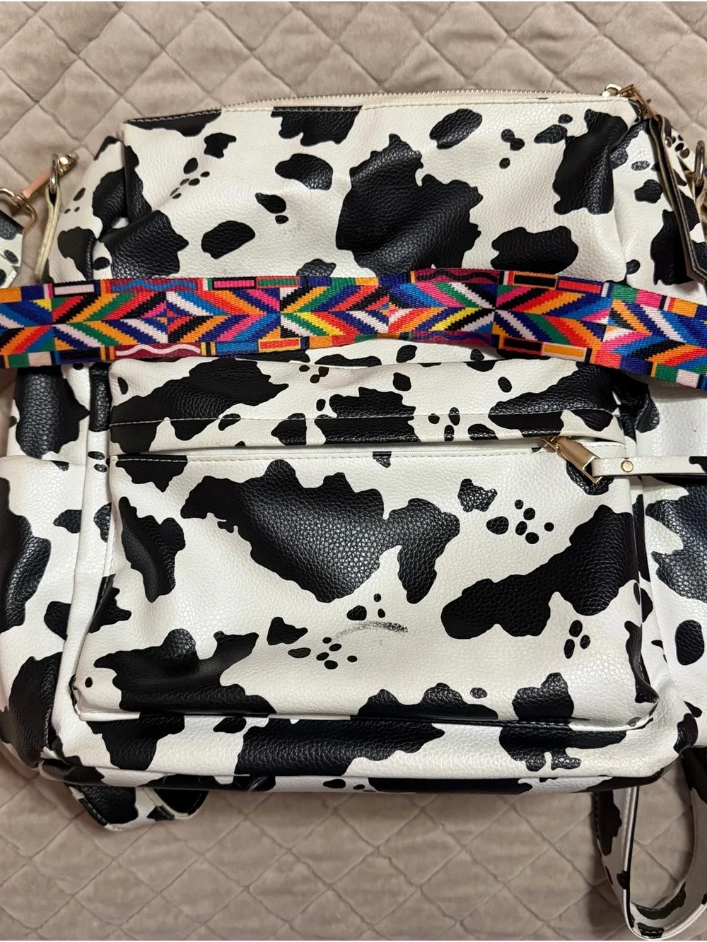 Cow Print Backpack Tote with Detachable Strap - Black and White